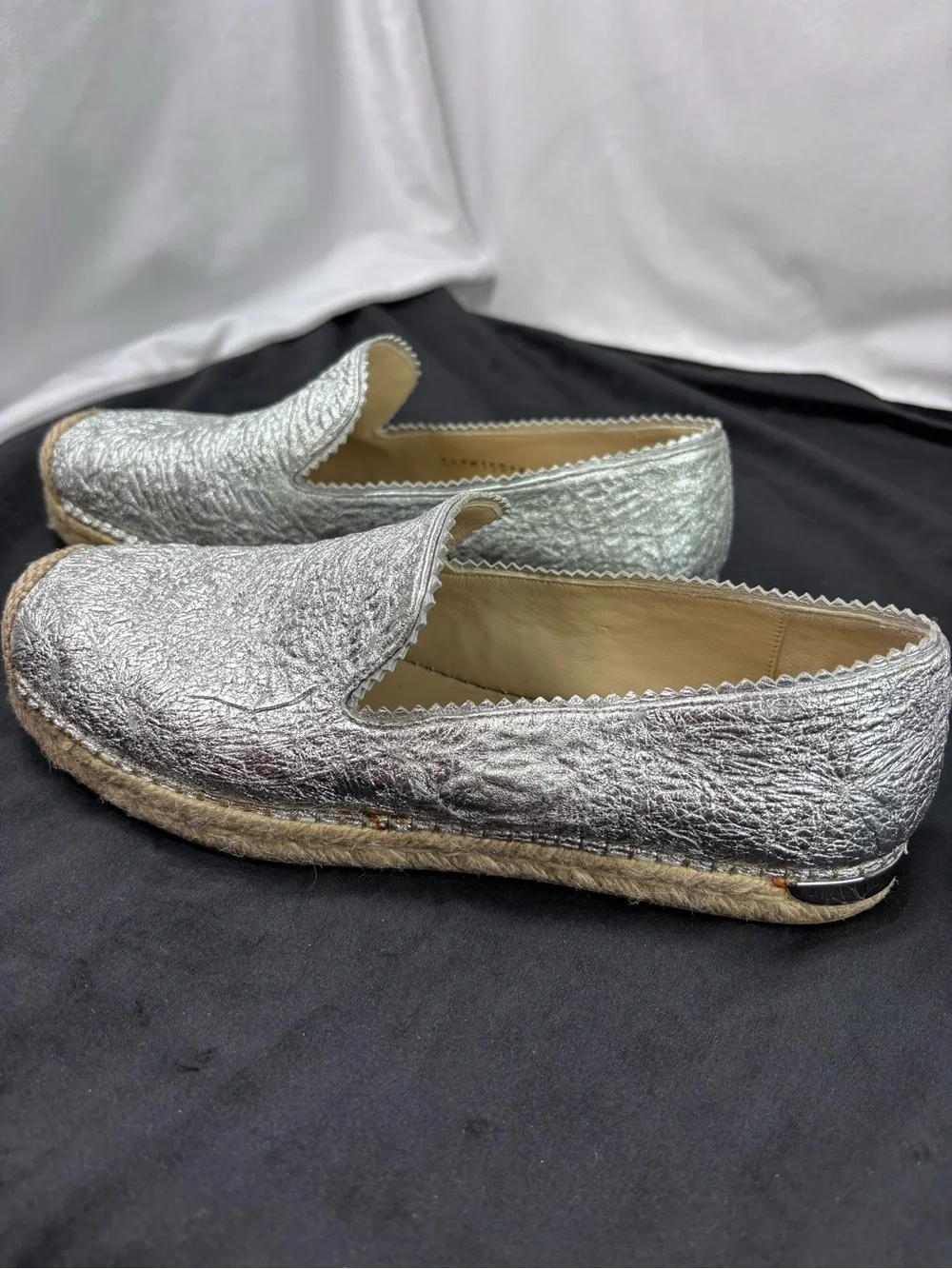 Stuart Weitzman Metallic Silver Leather Espadrille Flats | Size 8 Made in Spain